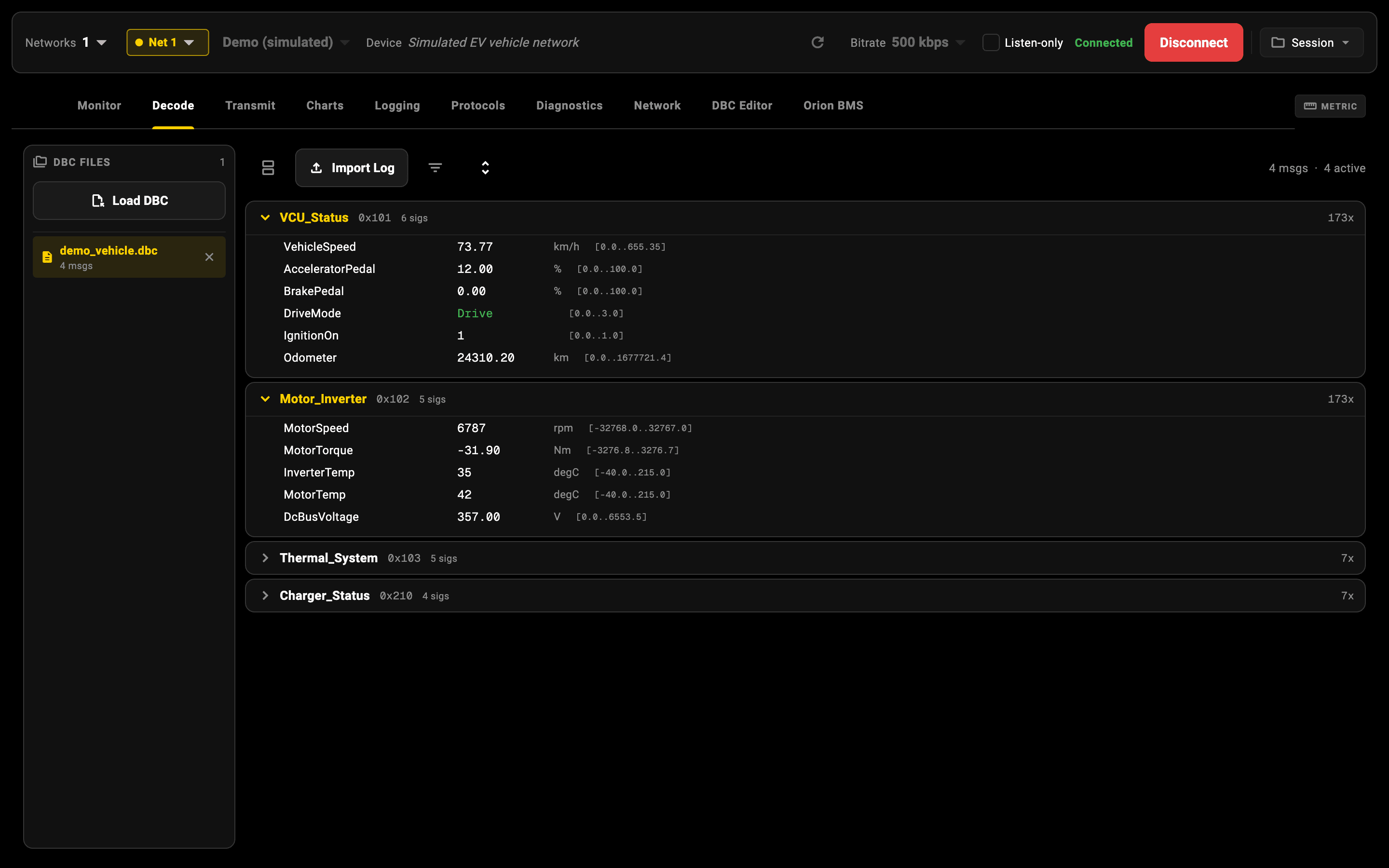 CANbus Manager's Decode tab showing DBC-decoded messages with scaled signal values and units.