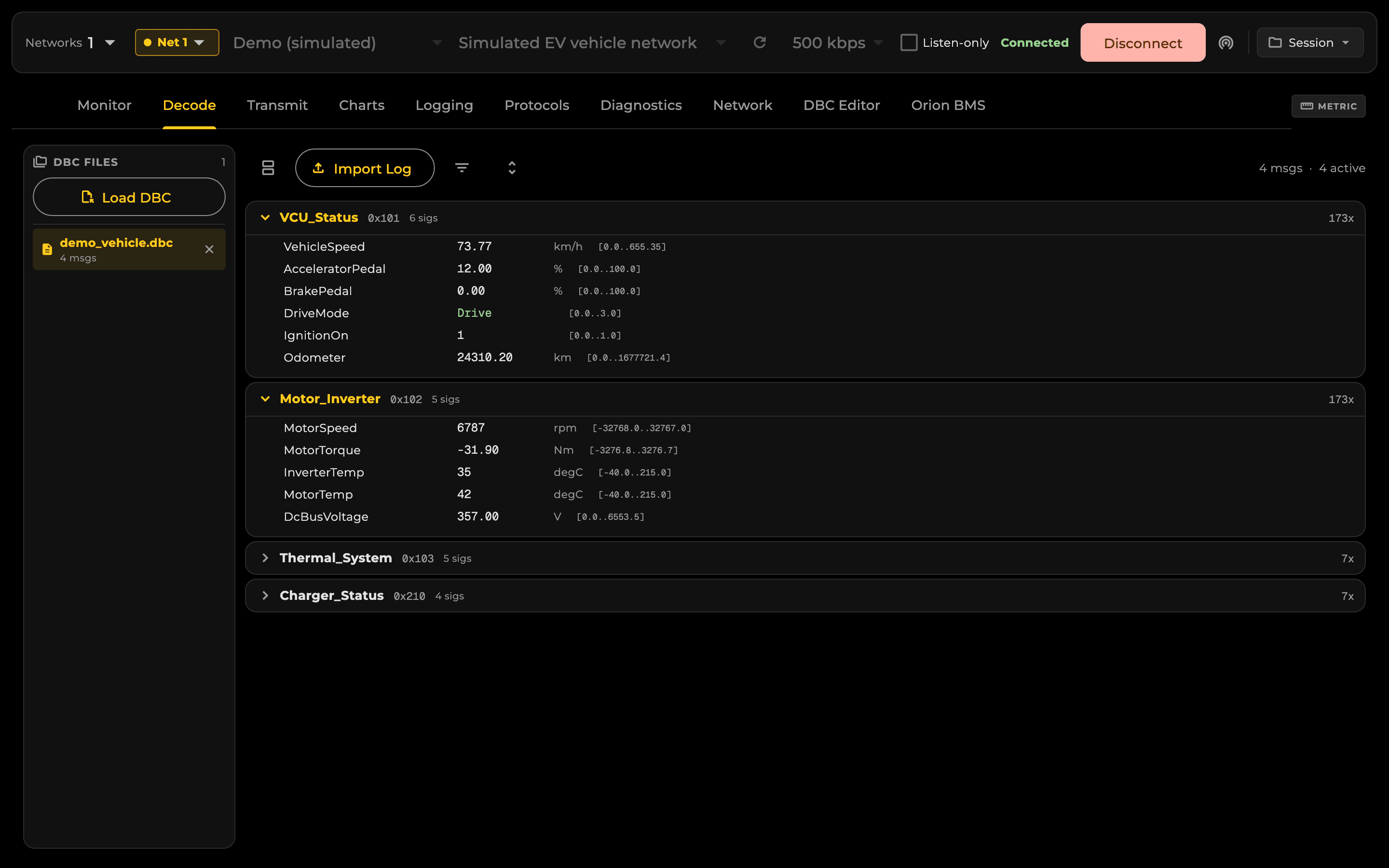 CANbus Manager's Decode tab showing DBC-decoded messages with scaled signal values and units.
