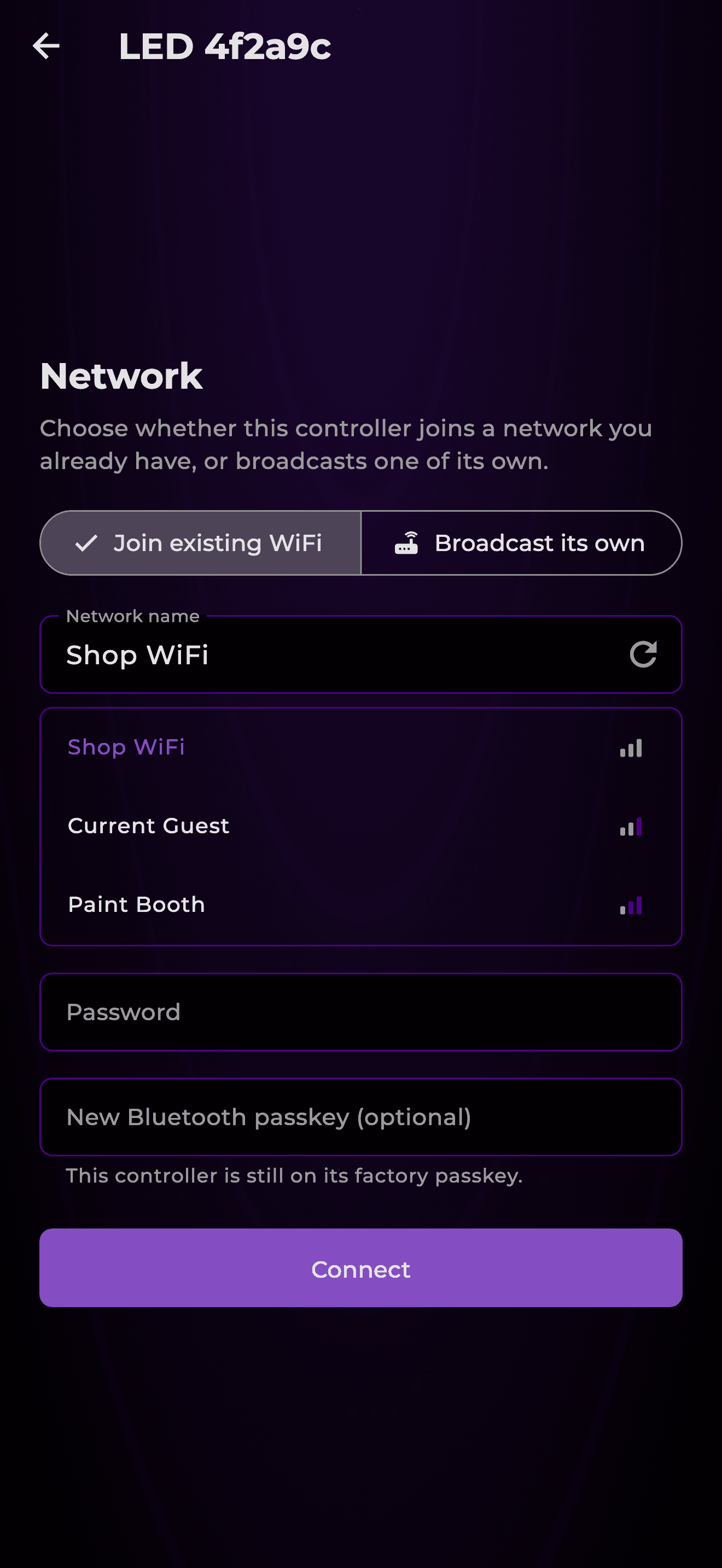 The GlowCraft app walking a new controller through joining a WiFi network.