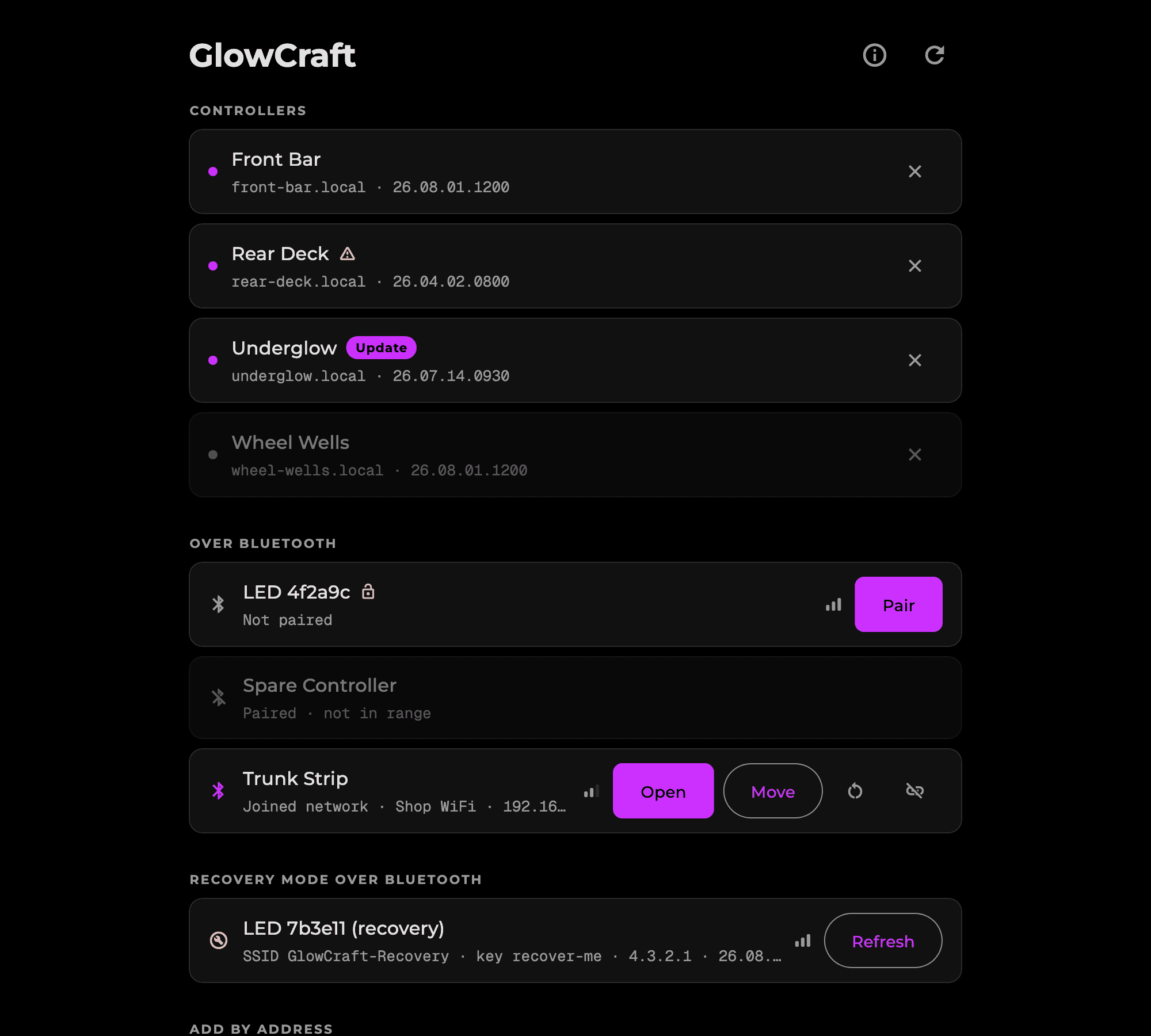 GlowCraft Designer's main screen listing controllers on the network, controllers over Bluetooth, and one in recovery mode.
