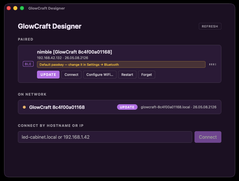 GlowCraft Designer's main screen showing a paired Bluetooth controller and an on-network controller.
