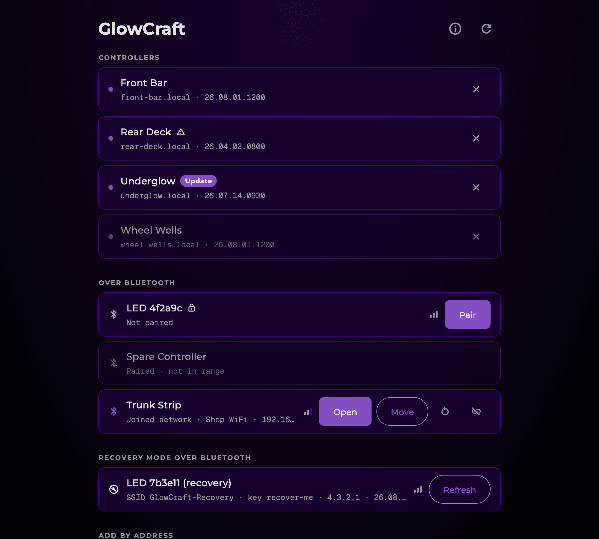 GlowCraft Designer's main screen showing a paired Bluetooth controller and an on-network controller.