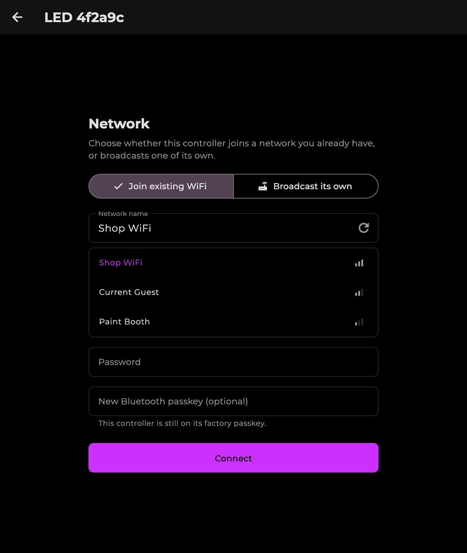 GlowCraft Designer's network setup screen, choosing between joining an existing WiFi network and broadcasting its own.