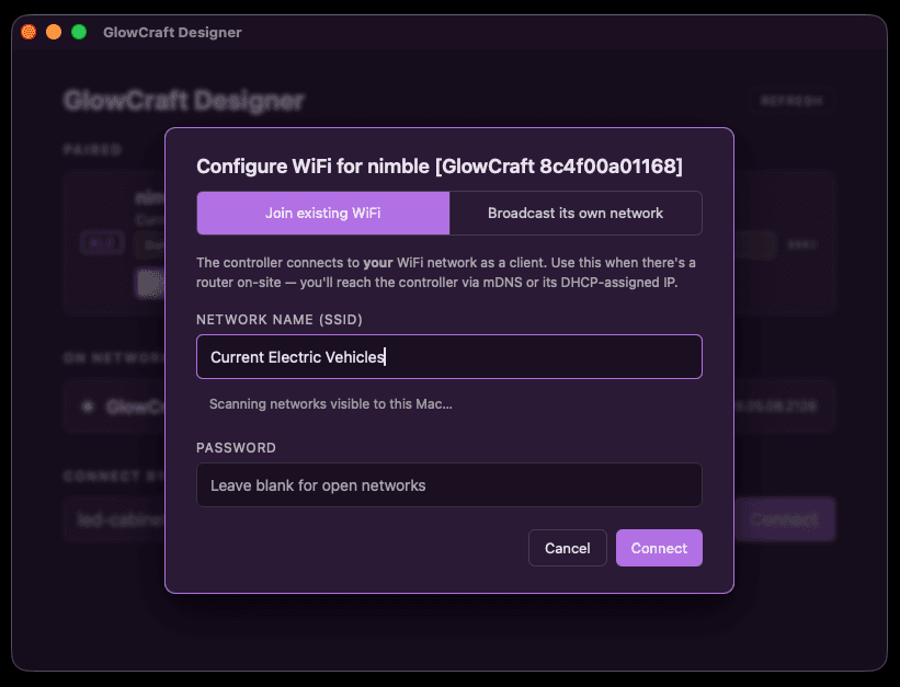 GlowCraft Designer's WiFi configuration modal showing network selection.