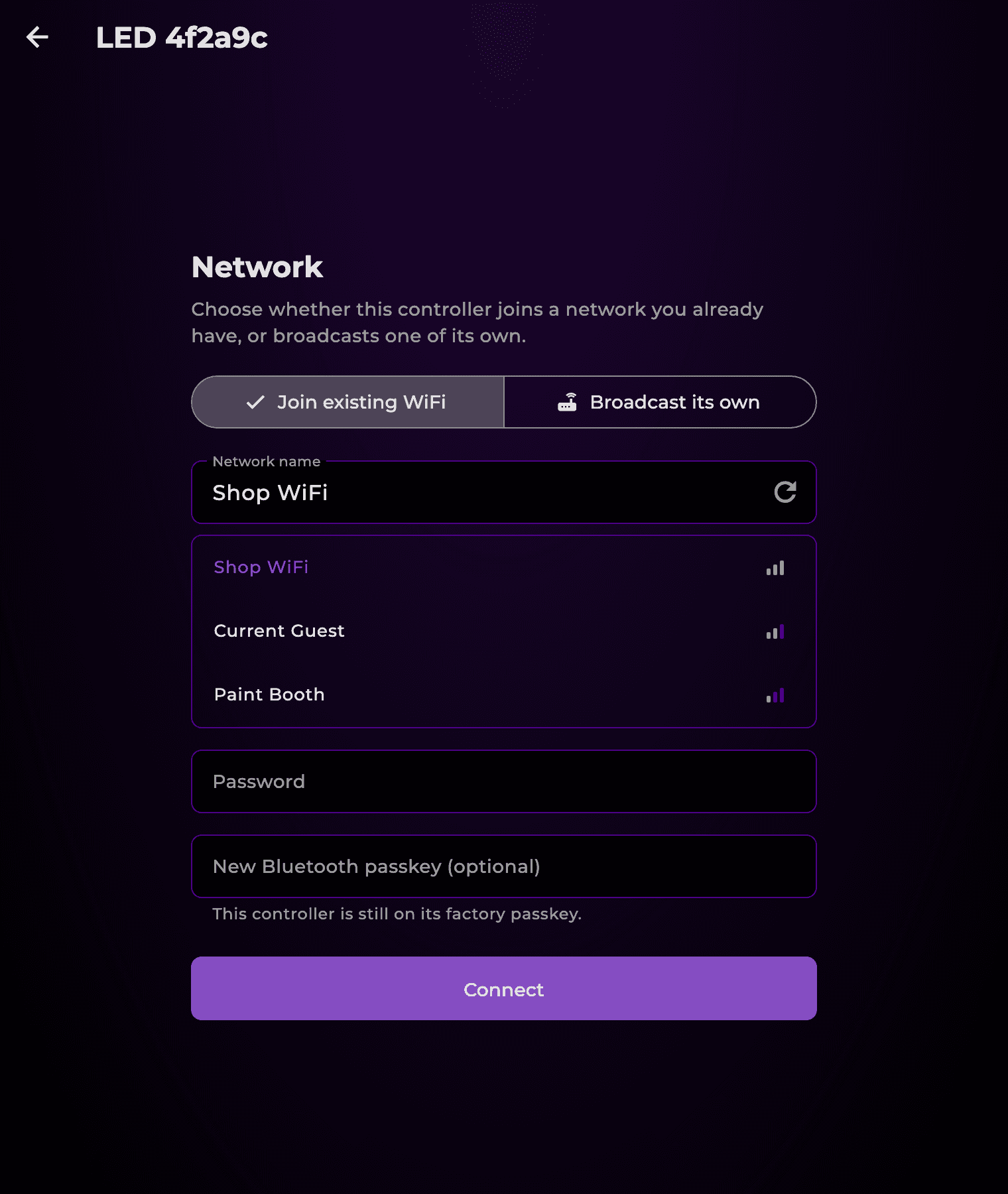 GlowCraft Designer's network setup screen, choosing between joining an existing WiFi network and broadcasting its own.